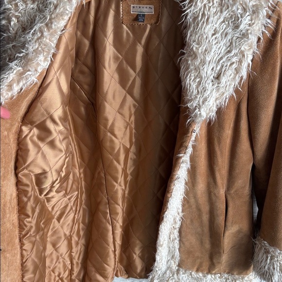 Penny Lane coat brown leather Vintage Giacca faux fur trim winter women's large - Picture 4 of 10
